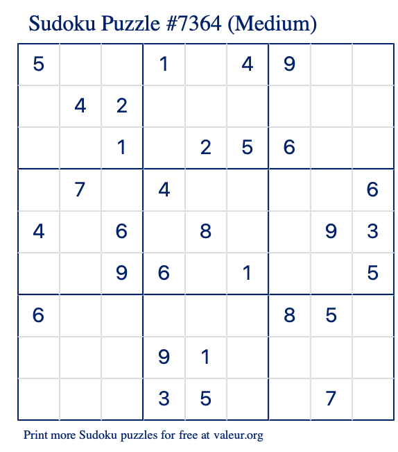 Free Printable Medium Sudoku Puzzle number 7364