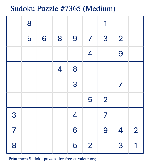 Free Printable Medium Sudoku Puzzle number 7365