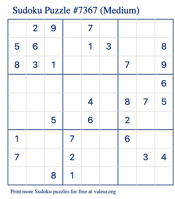 Free Printable Medium Sudoku Puzzle number 7367