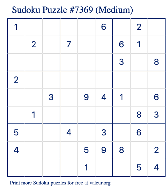 Free Printable Medium Sudoku Puzzle number 7369