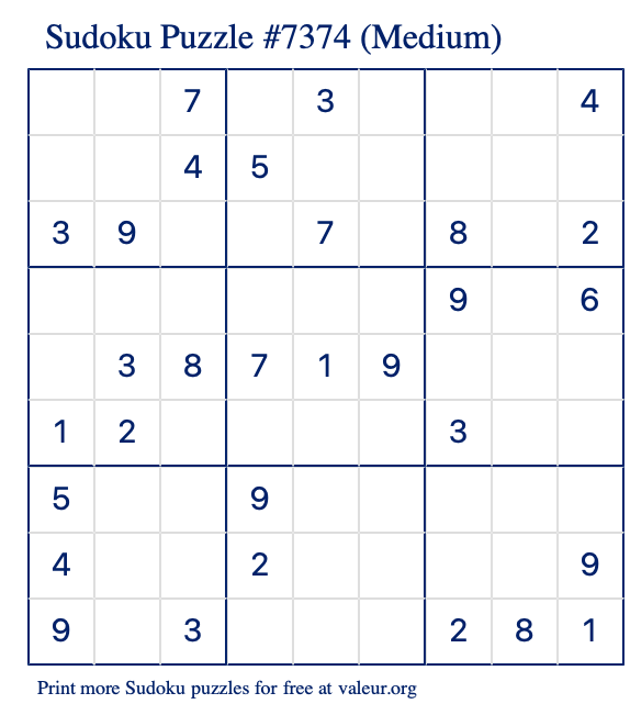 Free Printable Medium Sudoku Puzzle number 7374