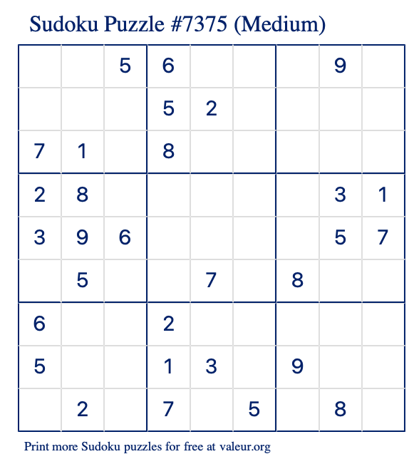 Free Printable Medium Sudoku Puzzle number 7375