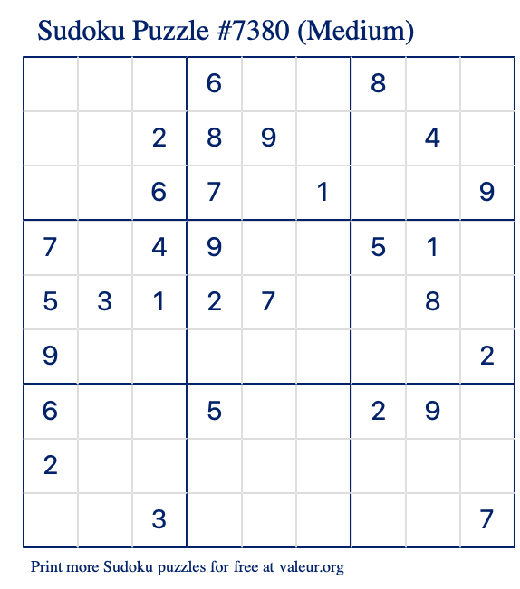 Free Printable Medium Sudoku Puzzle number 7380