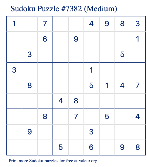 Free Printable Medium Sudoku Puzzle number 7382