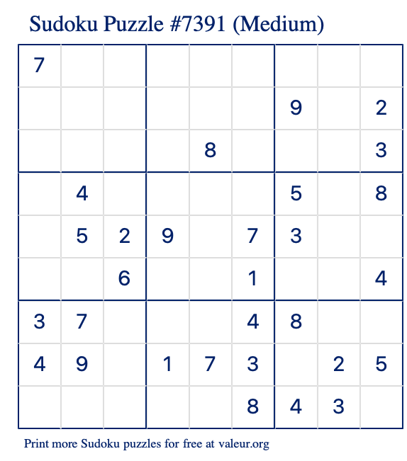 Free Printable Medium Sudoku Puzzle number 7391