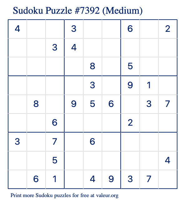Free Printable Medium Sudoku Puzzle number 7392