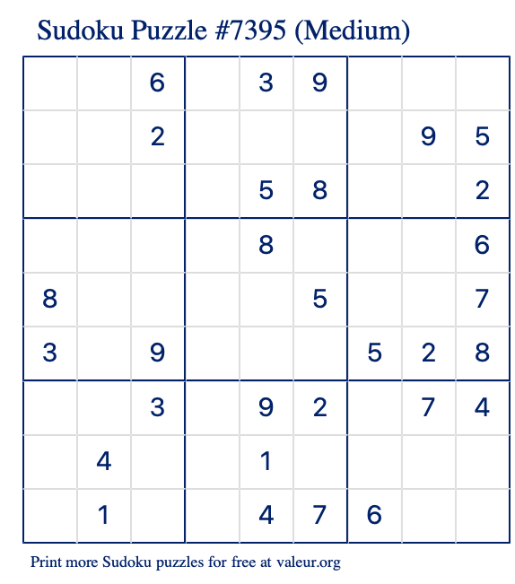 Free Printable Medium Sudoku Puzzle number 7395