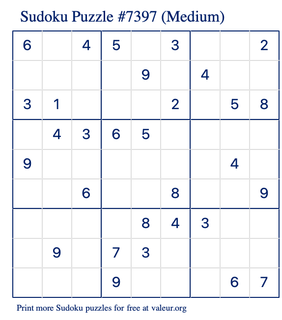 Free Printable Medium Sudoku Puzzle number 7397