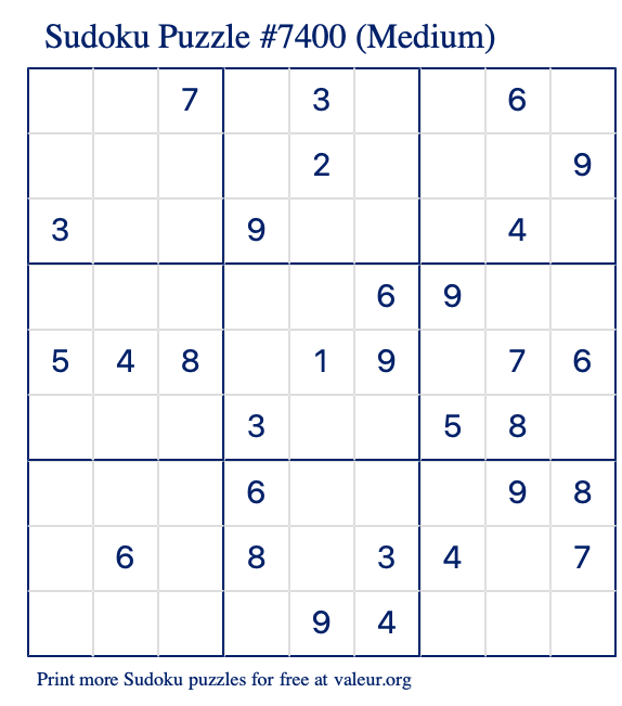 Free Printable Medium Sudoku Puzzle number 7400