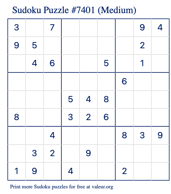 Free Printable Medium Sudoku Puzzle number 7401