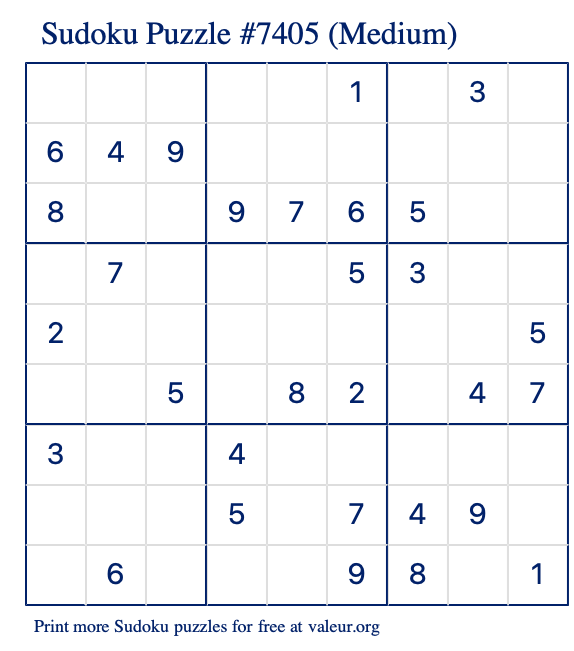 Free Printable Medium Sudoku Puzzle number 7405