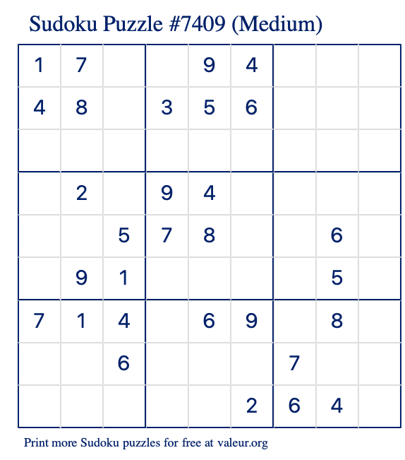 Free Printable Medium Sudoku Puzzle number 7409