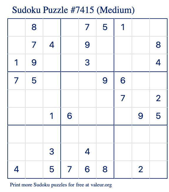 Free Printable Medium Sudoku Puzzle number 7415