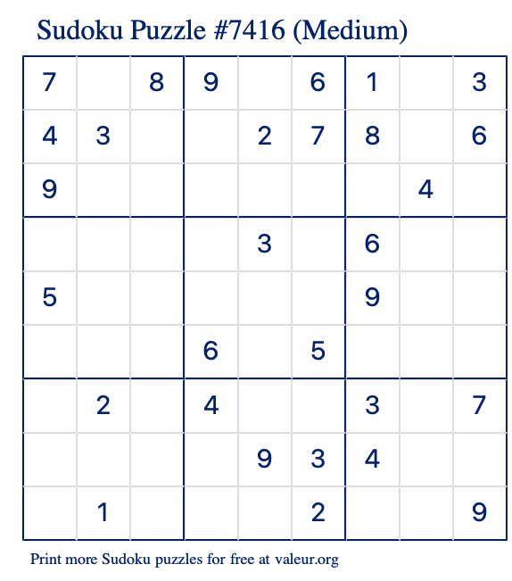 Free Printable Medium Sudoku Puzzle number 7416