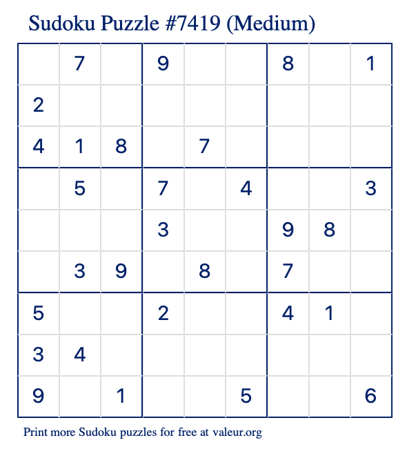 Free Printable Medium Sudoku Puzzle number 7419