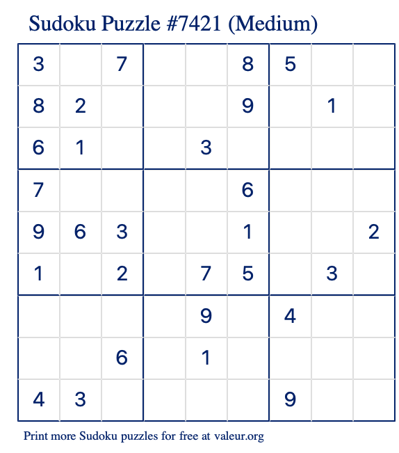 Free Printable Medium Sudoku Puzzle number 7421