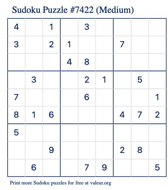 Free Printable Medium Sudoku Puzzle number 7422