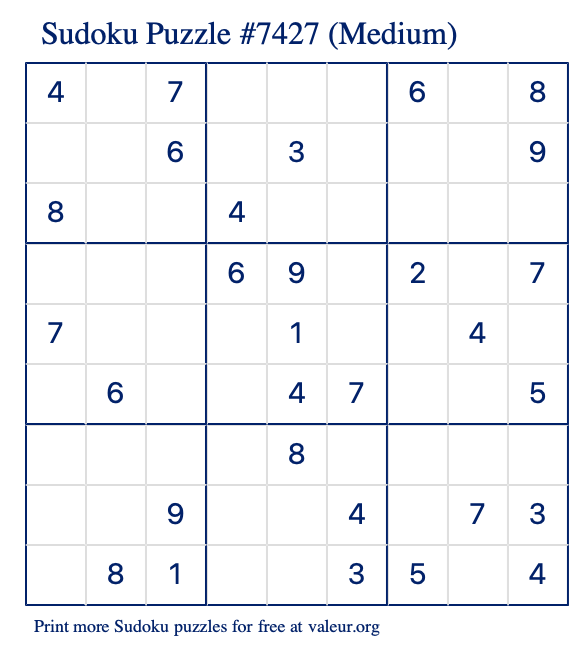 Free Printable Medium Sudoku Puzzle number 7427