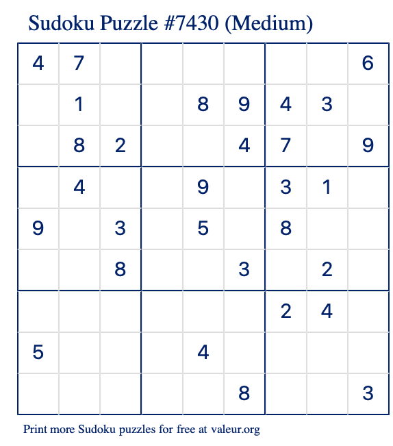 Free Printable Medium Sudoku Puzzle number 7430