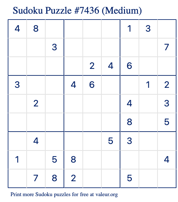 Free Printable Medium Sudoku Puzzle number 7436