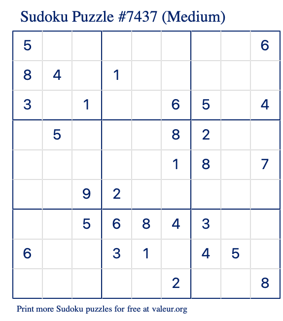 Free Printable Medium Sudoku Puzzle number 7437