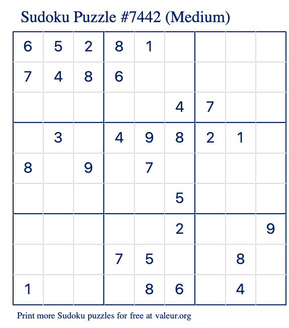 Free Printable Medium Sudoku Puzzle number 7442