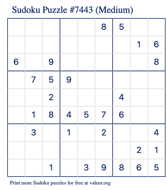 Free Printable Medium Sudoku Puzzle number 7443