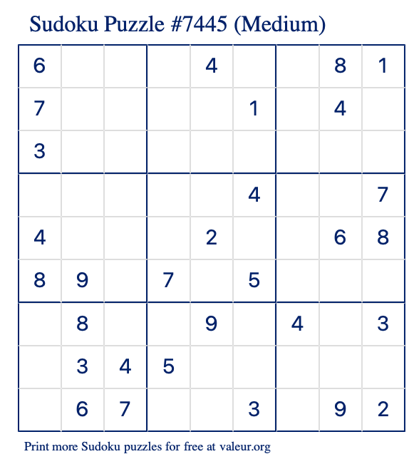 Free Printable Medium Sudoku Puzzle number 7445