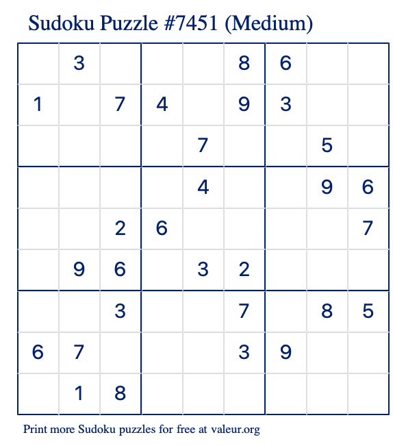 Free Printable Medium Sudoku Puzzle number 7451