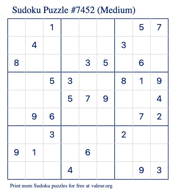 Free Printable Medium Sudoku Puzzle number 7452