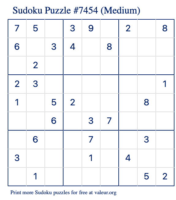Free Printable Medium Sudoku Puzzle number 7454