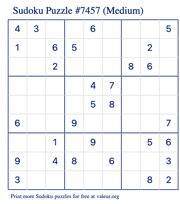 Free Printable Medium Sudoku Puzzle number 7457