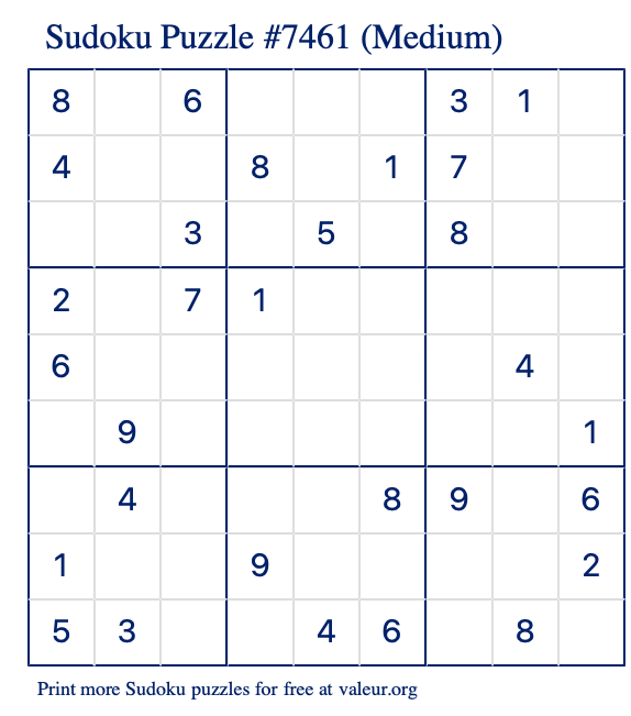 Free Printable Medium Sudoku Puzzle number 7461