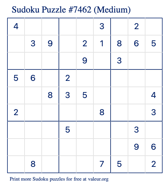 Free Printable Medium Sudoku Puzzle number 7462