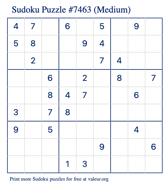 Free Printable Medium Sudoku Puzzle number 7463