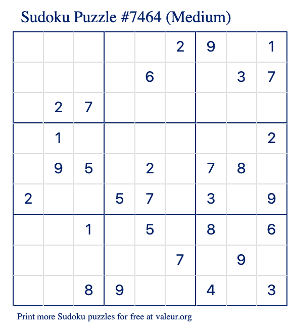 Free Printable Medium Sudoku Puzzle number 7464