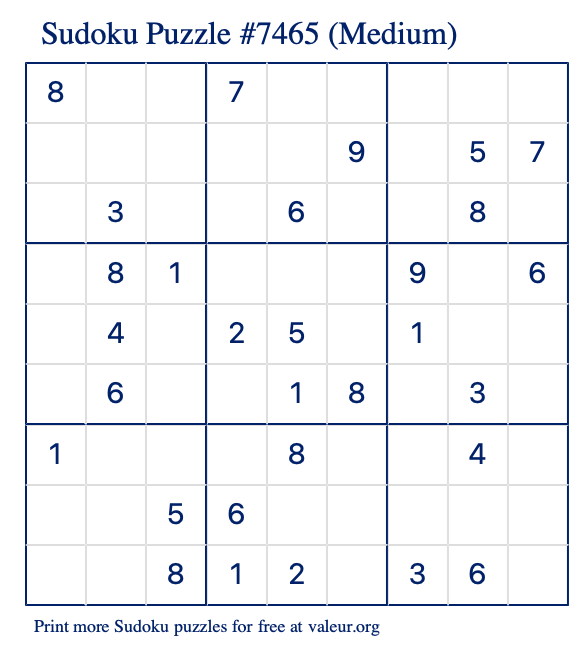 Free Printable Medium Sudoku Puzzle number 7465