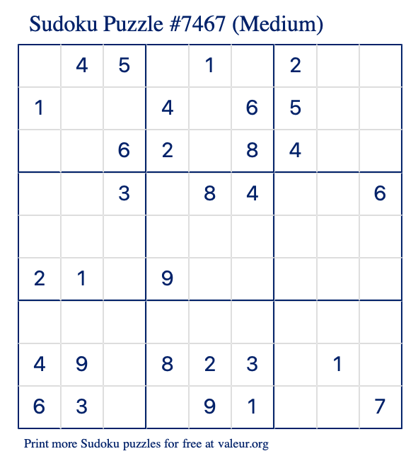Free Printable Medium Sudoku Puzzle number 7467