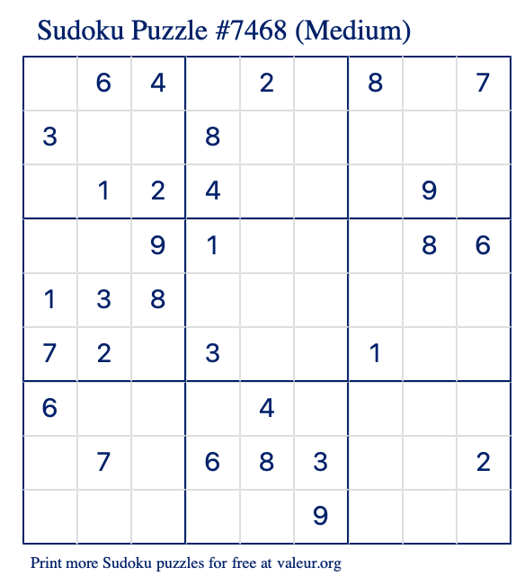 Free Printable Medium Sudoku Puzzle number 7468