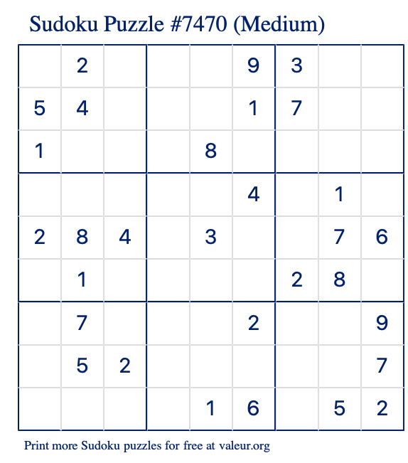 Free Printable Medium Sudoku Puzzle number 7470
