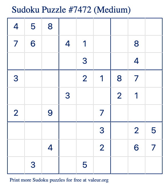Free Printable Medium Sudoku Puzzle number 7472