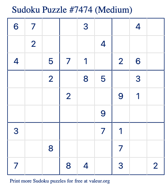 Free Printable Medium Sudoku Puzzle number 7474