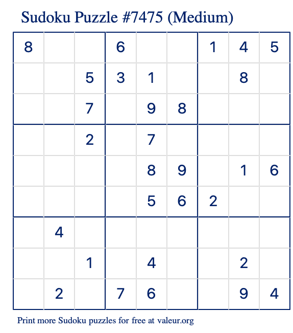 Free Printable Medium Sudoku Puzzle number 7475