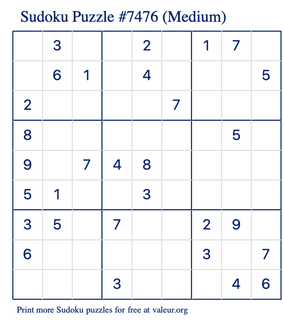 Free Printable Medium Sudoku Puzzle number 7476