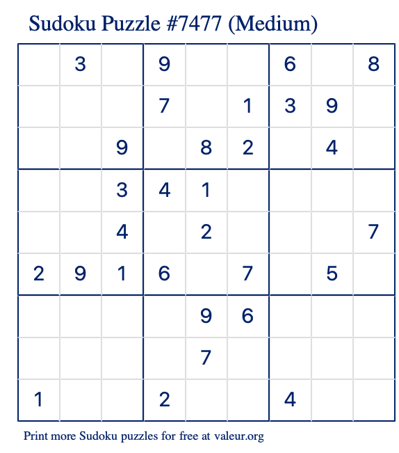 Free Printable Medium Sudoku Puzzle number 7477
