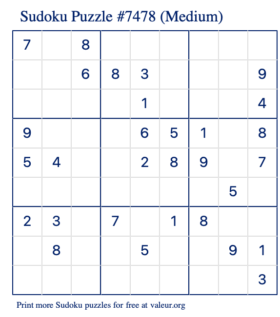 Free Printable Medium Sudoku Puzzle number 7478