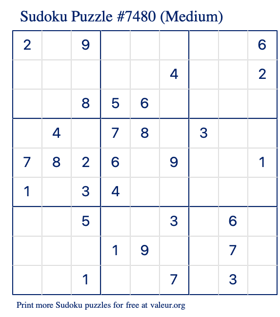 Free Printable Medium Sudoku Puzzle number 7480