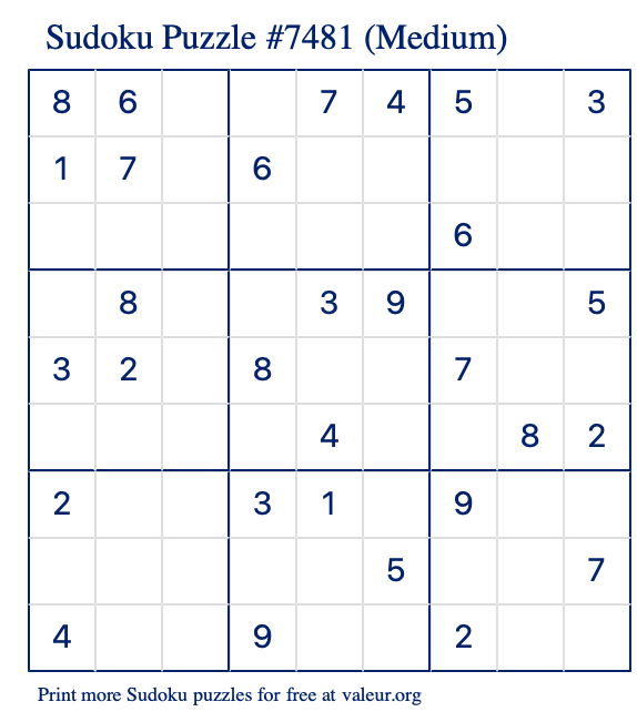 Free Printable Medium Sudoku Puzzle number 7481