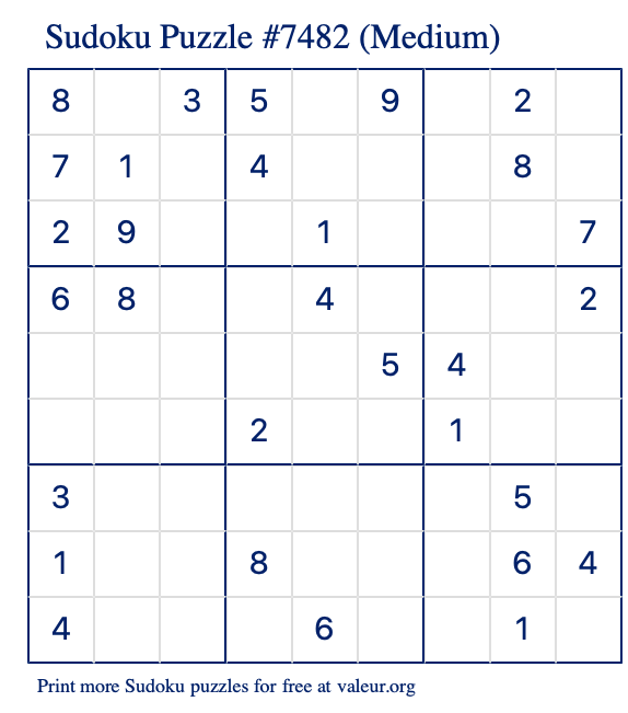 Free Printable Medium Sudoku Puzzle number 7482