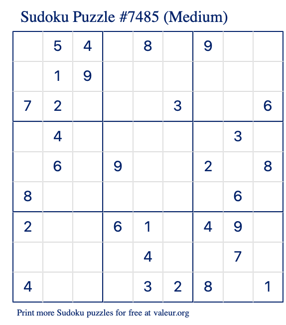 Free Printable Medium Sudoku Puzzle number 7485